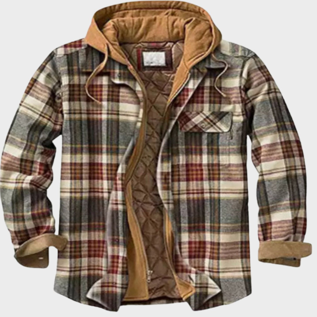 Herren Gefütterter Karierter Hemd-Jacke zum Knöpfen mit Kapuze - Khaki