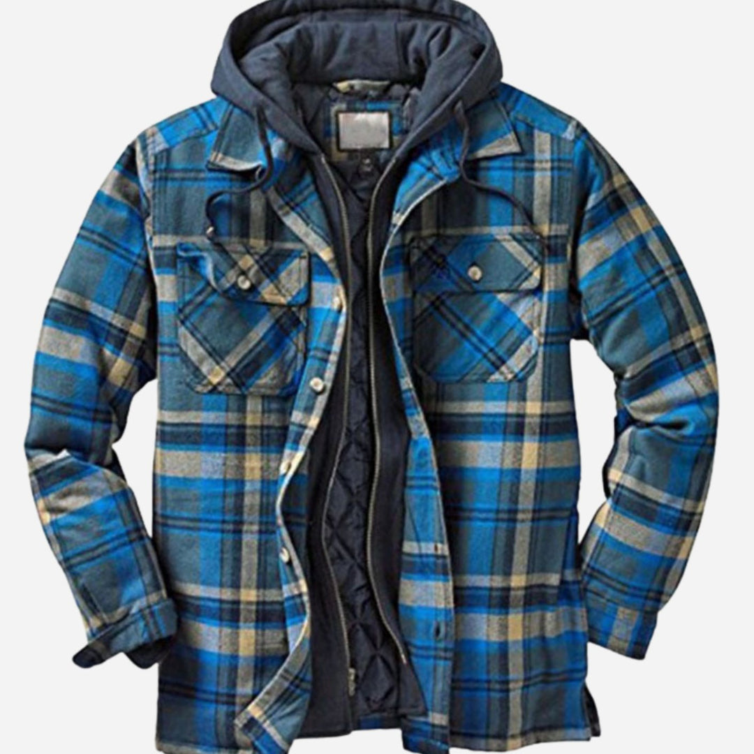 Herren Gefütterter Karierter Hemd-Jacke zum Knöpfen mit Kapuze - Blau