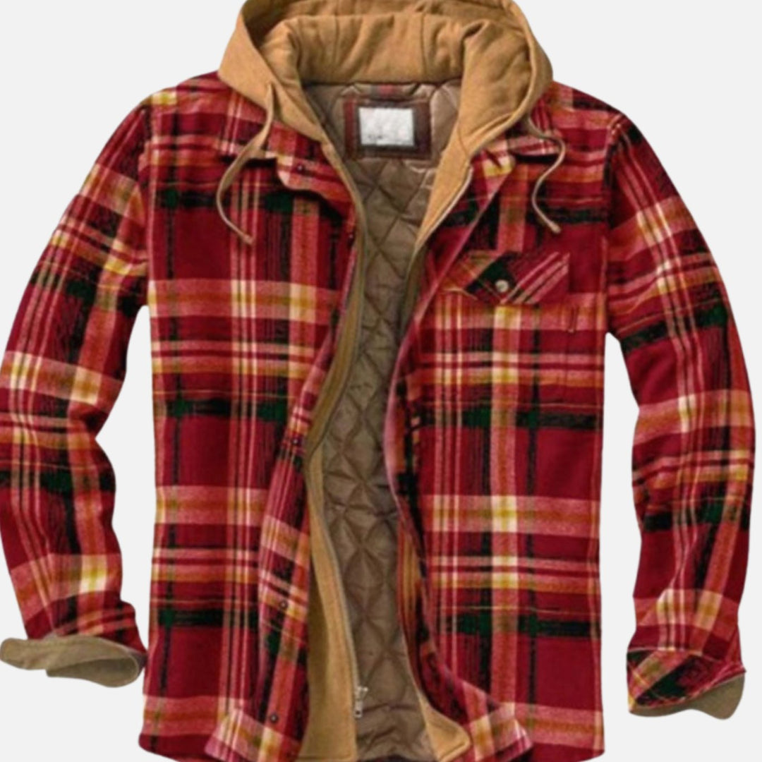 Herren Gefütterter Karierter Hemd-Jacke zum Knöpfen mit Kapuze - Rot/Khaki