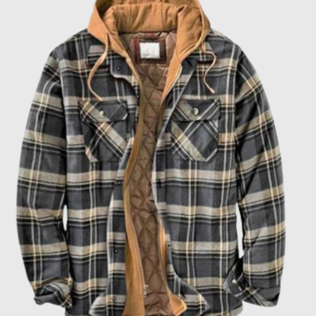 Herren Gefütterter Karierter Hemd-Jacke zum Knöpfen mit Kapuze - Grau