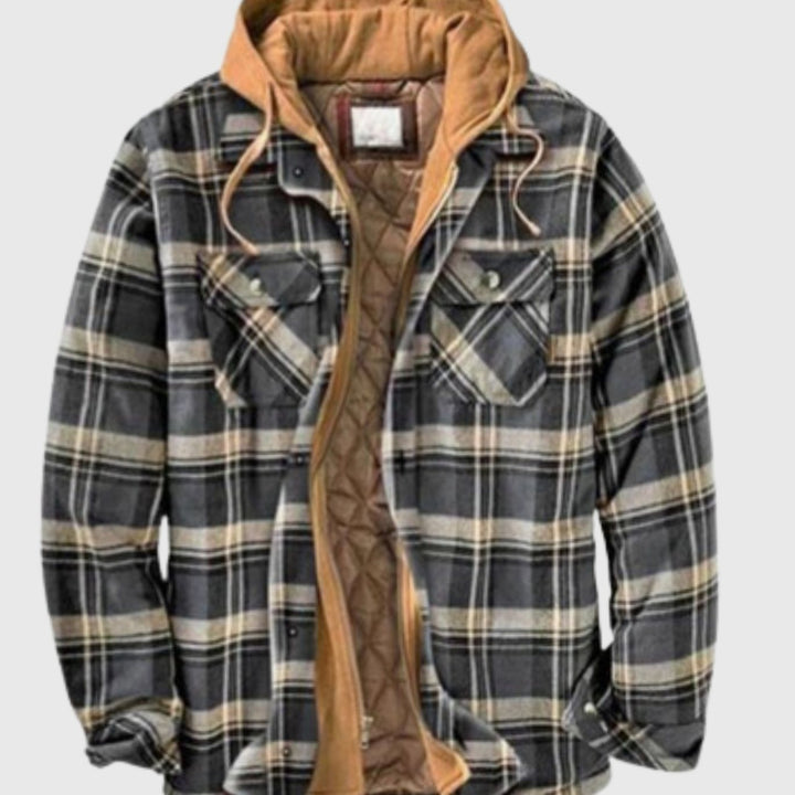 Herren Gefütterter Karierter Hemd-Jacke zum Knöpfen mit Kapuze - Grau