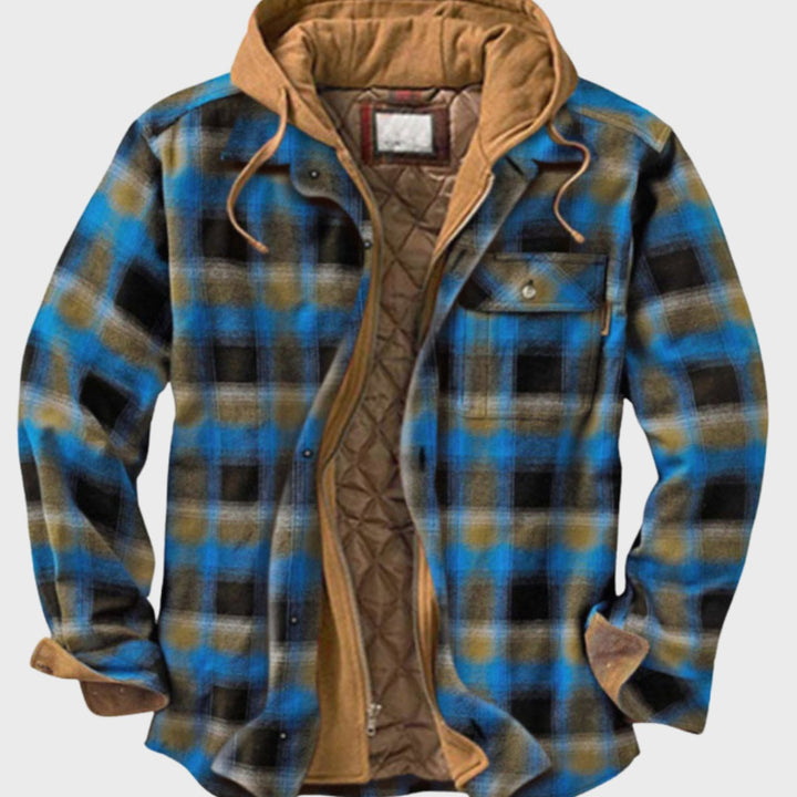Herren Gefütterter Karierter Hemd-Jacke zum Knöpfen mit Kapuze - Blau/Khaki