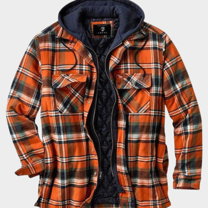 Herren Gefütterter Karierter Hemd-Jacke zum Knöpfen mit Kapuze - Orange