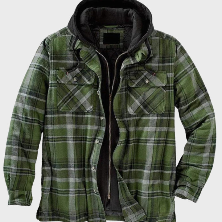 Herren Gefütterter Karierter Hemd-Jacke zum Knöpfen mit Kapuze - Dunkelgrün