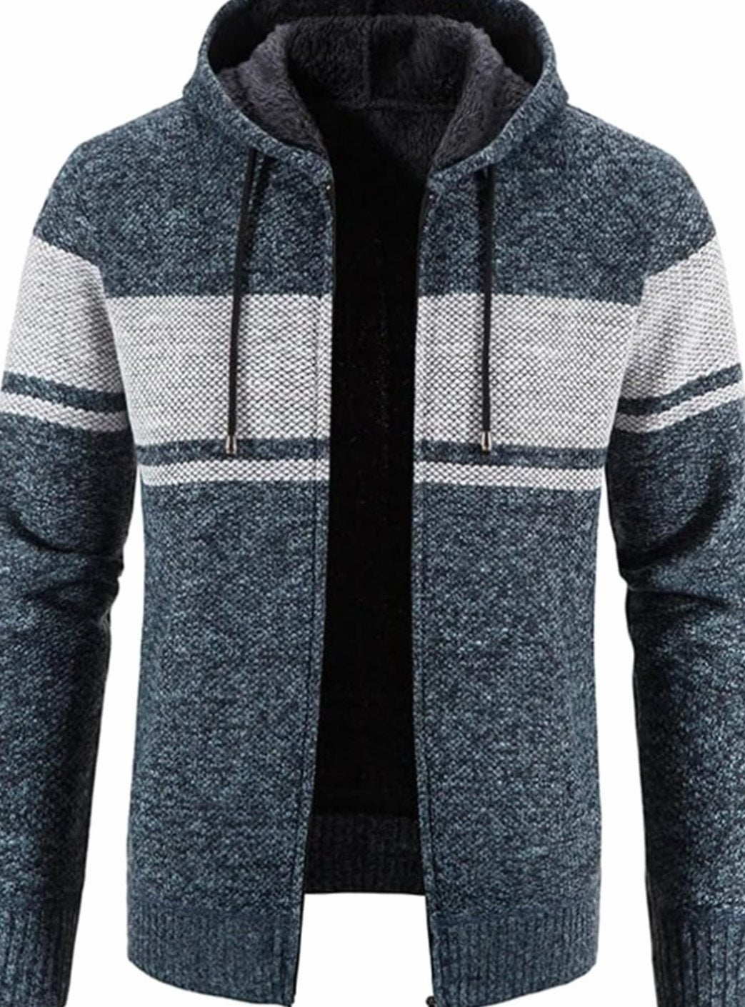 Herren Gefütterter Strickpullover Kapuzenjacke mit Reißverschluss und Streifen - Blaugrau
