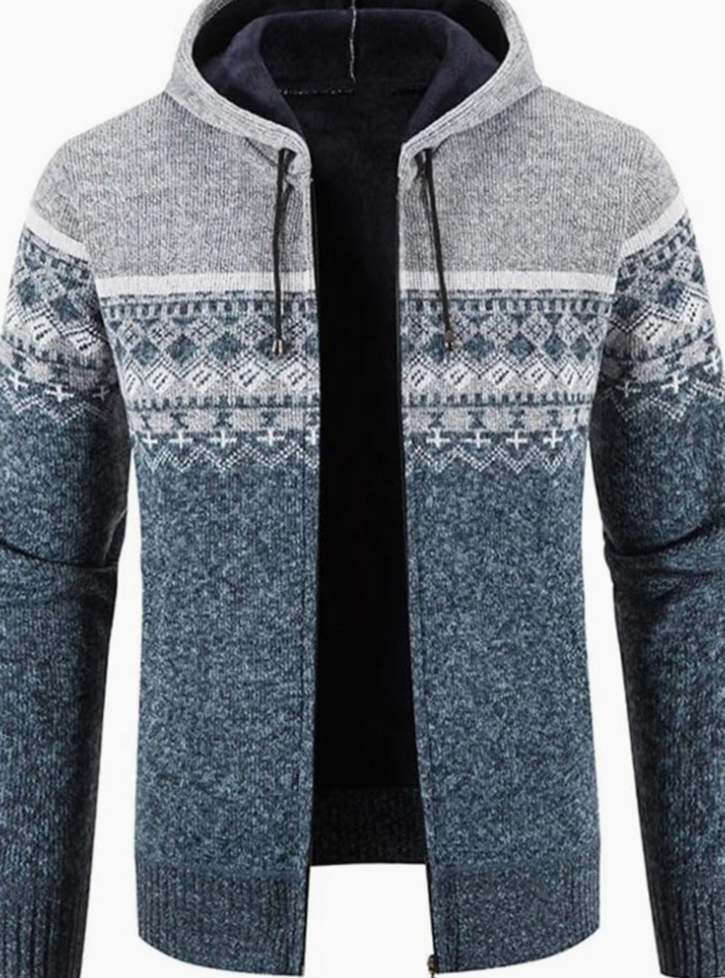 Herren Gefütterter Strickpullover Kapuzenjacke mit Reißverschluss und Streifen - Hellgrau-Blau