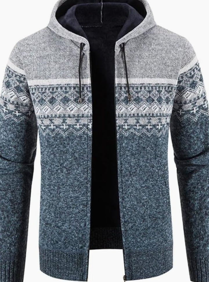 Herren Gefütterter Strickpullover Kapuzenjacke mit Reißverschluss und Streifen - Hellgrau-Blau