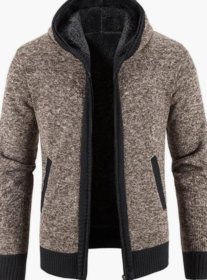Herren Gefütterter Strickpullover Kapuzenjacke mit Reißverschluss und Streifen - Braun