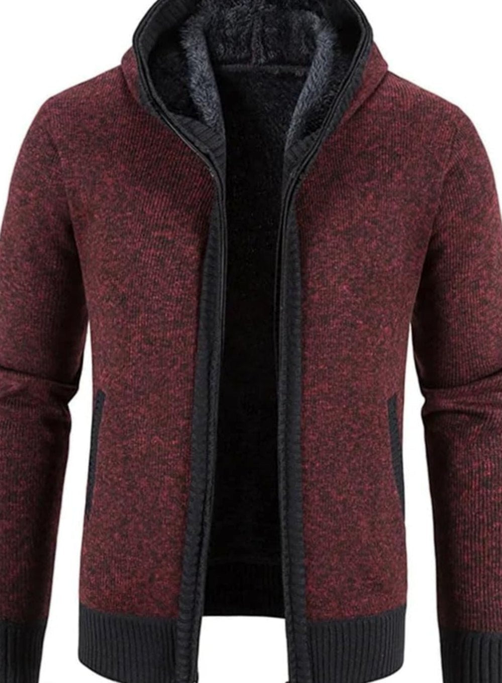 Herren Gefütterter Strickpullover Kapuzenjacke mit Reißverschluss und Streifen - Dunkelrot