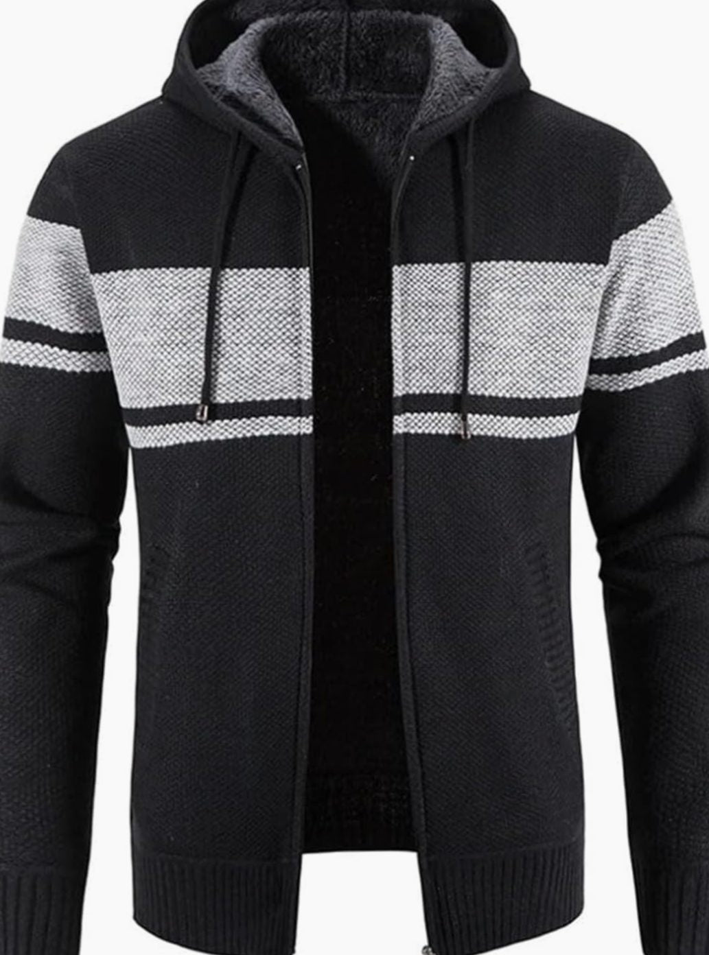Herren Gefütterter Strickpullover Kapuzenjacke mit Reißverschluss und Streifen - Schwarz-Grau
