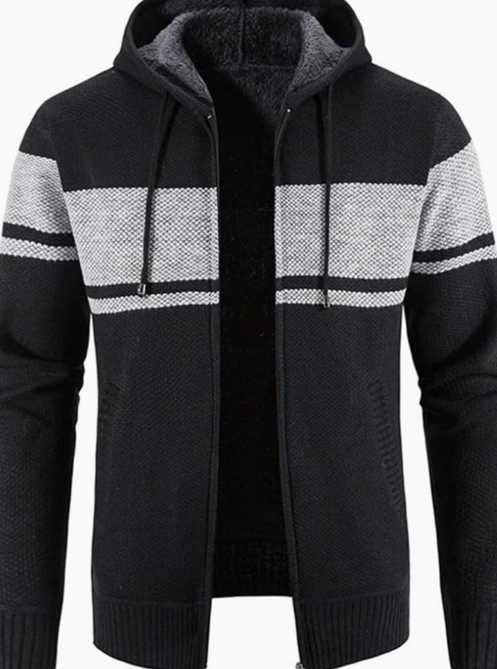 Herren Gefütterter Strickpullover Kapuzenjacke mit Reißverschluss und Streifen - Schwarz-Grau