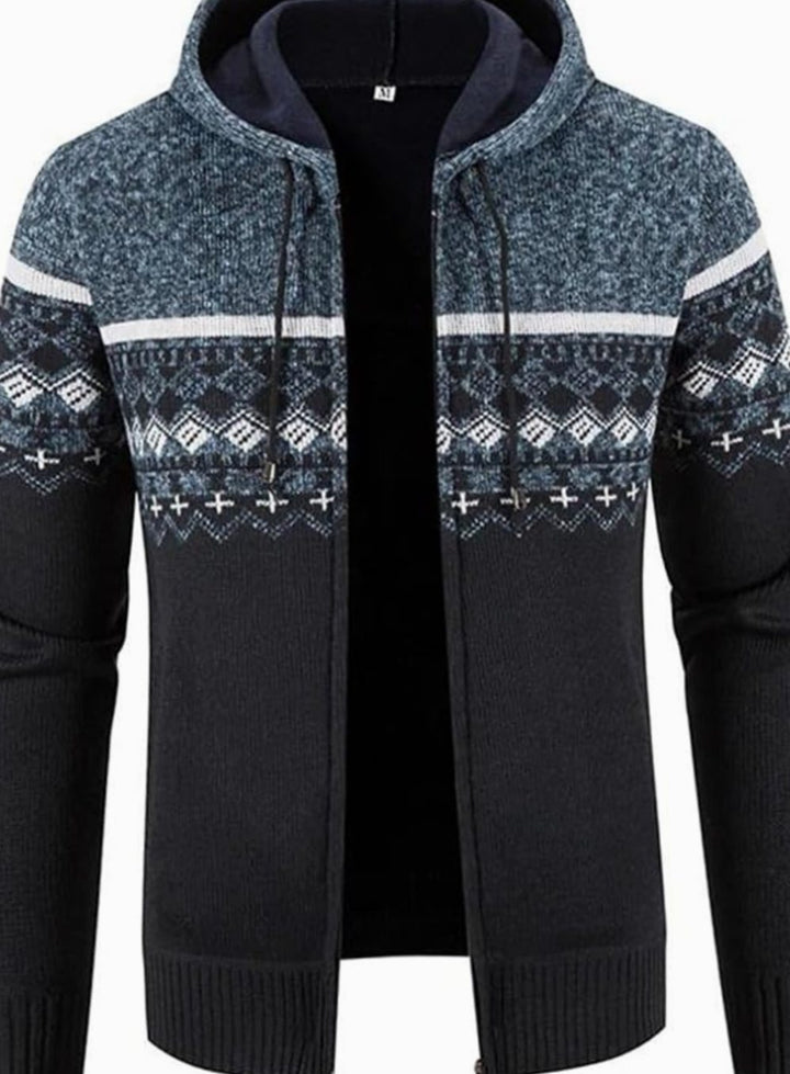 Herren Gefütterter Strickpullover Kapuzenjacke mit Reißverschluss und Streifen - Blau-Schwarz