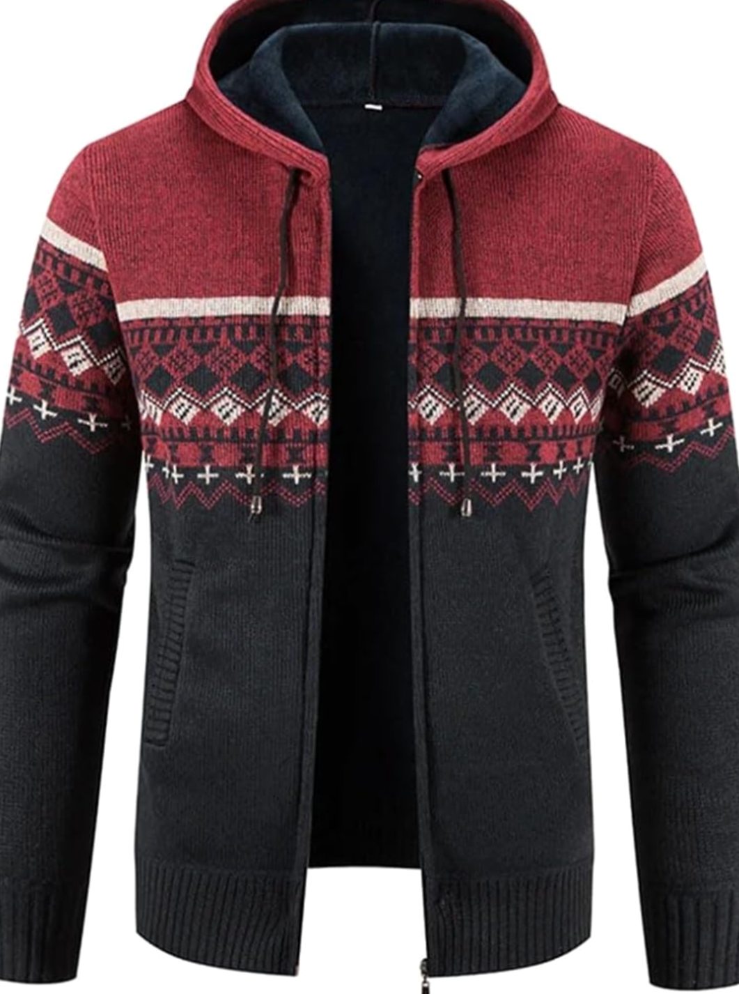 Herren Gefütterter Strickpullover Kapuzenjacke mit Reißverschluss und Streifen - Rot