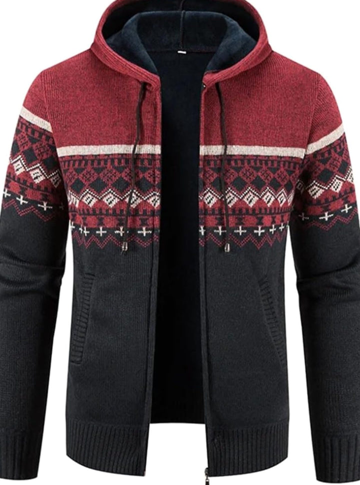 Herren Gefütterter Strickpullover Kapuzenjacke mit Reißverschluss und Streifen - Rot