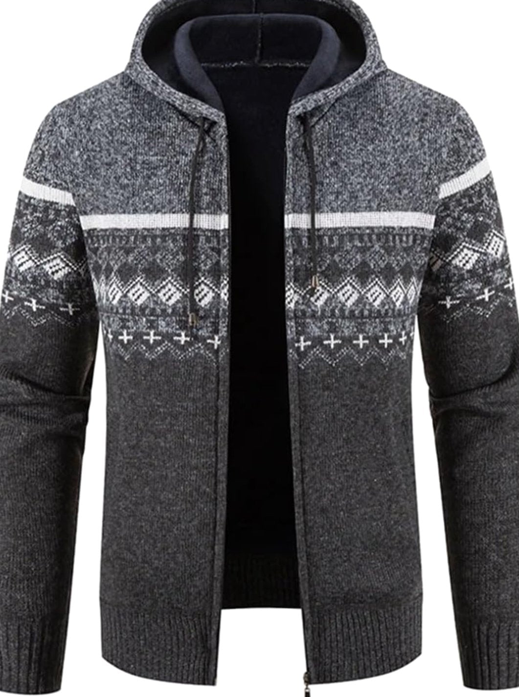Herren Gefütterter Strickpullover Kapuzenjacke mit Reißverschluss und Streifen - Weiß-Grau