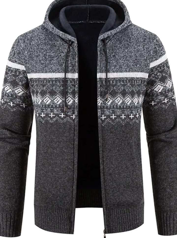 Herren Gefütterter Strickpullover Kapuzenjacke mit Reißverschluss und Streifen - Weiß-Grau