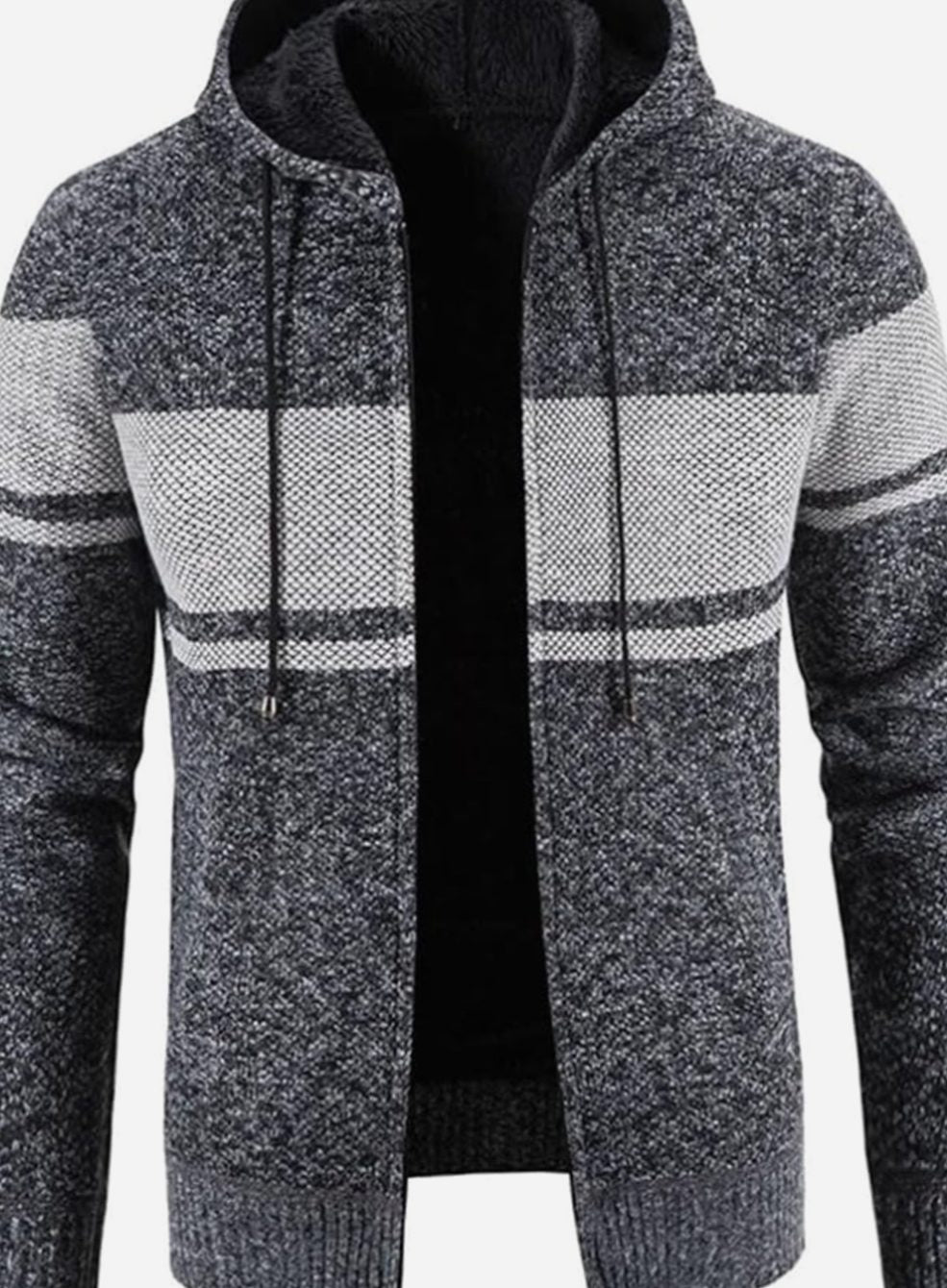 Herren Gefütterter Strickpullover Kapuzenjacke mit Reißverschluss und Streifen - Grau