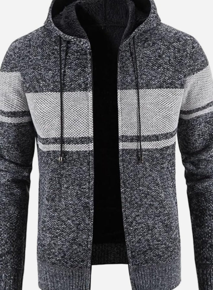 Herren Gefütterter Strickpullover Kapuzenjacke mit Reißverschluss und Streifen - Grau