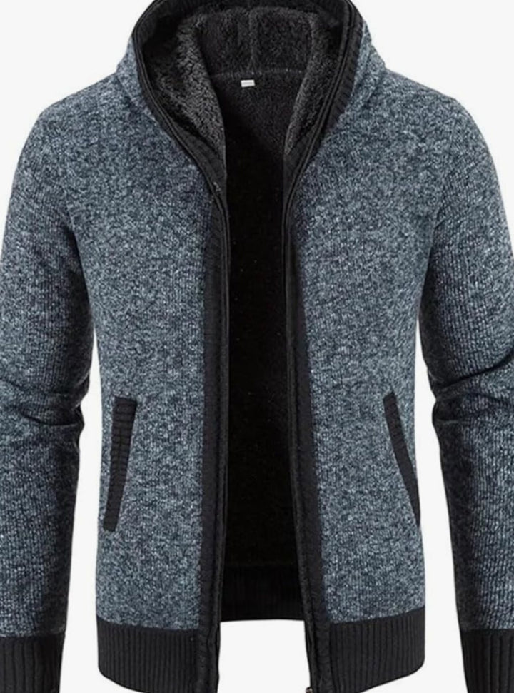Herren Gefütterter Strickpullover Kapuzenjacke mit Reißverschluss und Streifen - Einfarbig Blau