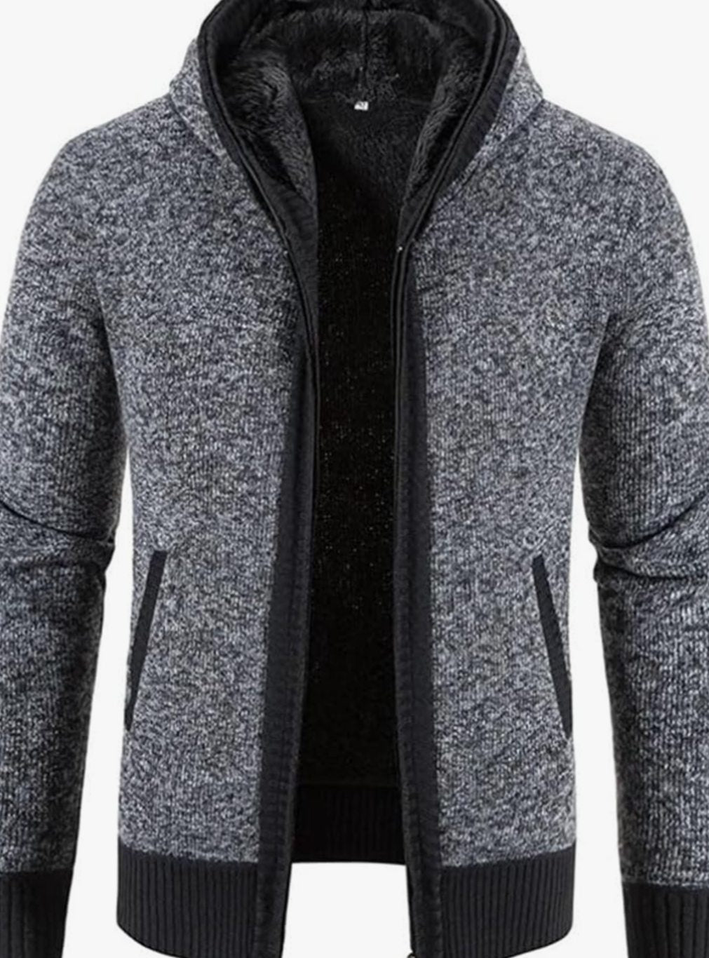 Herren Gefütterter Strickpullover Kapuzenjacke mit Reißverschluss und Streifen - Einfarbig Grau