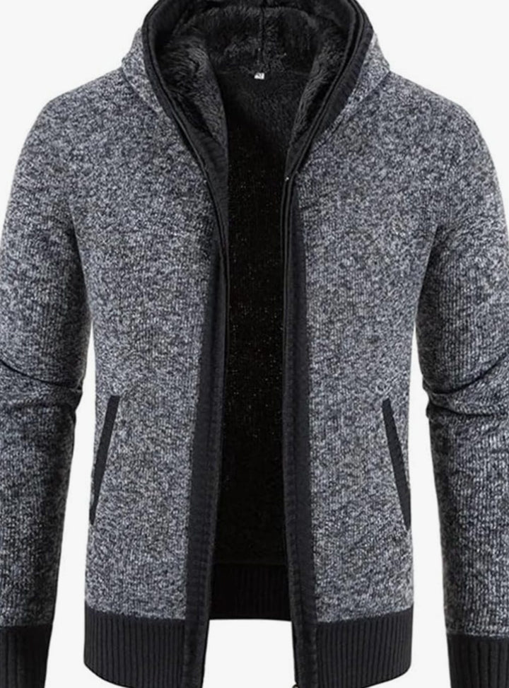 Herren Gefütterter Strickpullover Kapuzenjacke mit Reißverschluss und Streifen - Einfarbig Grau