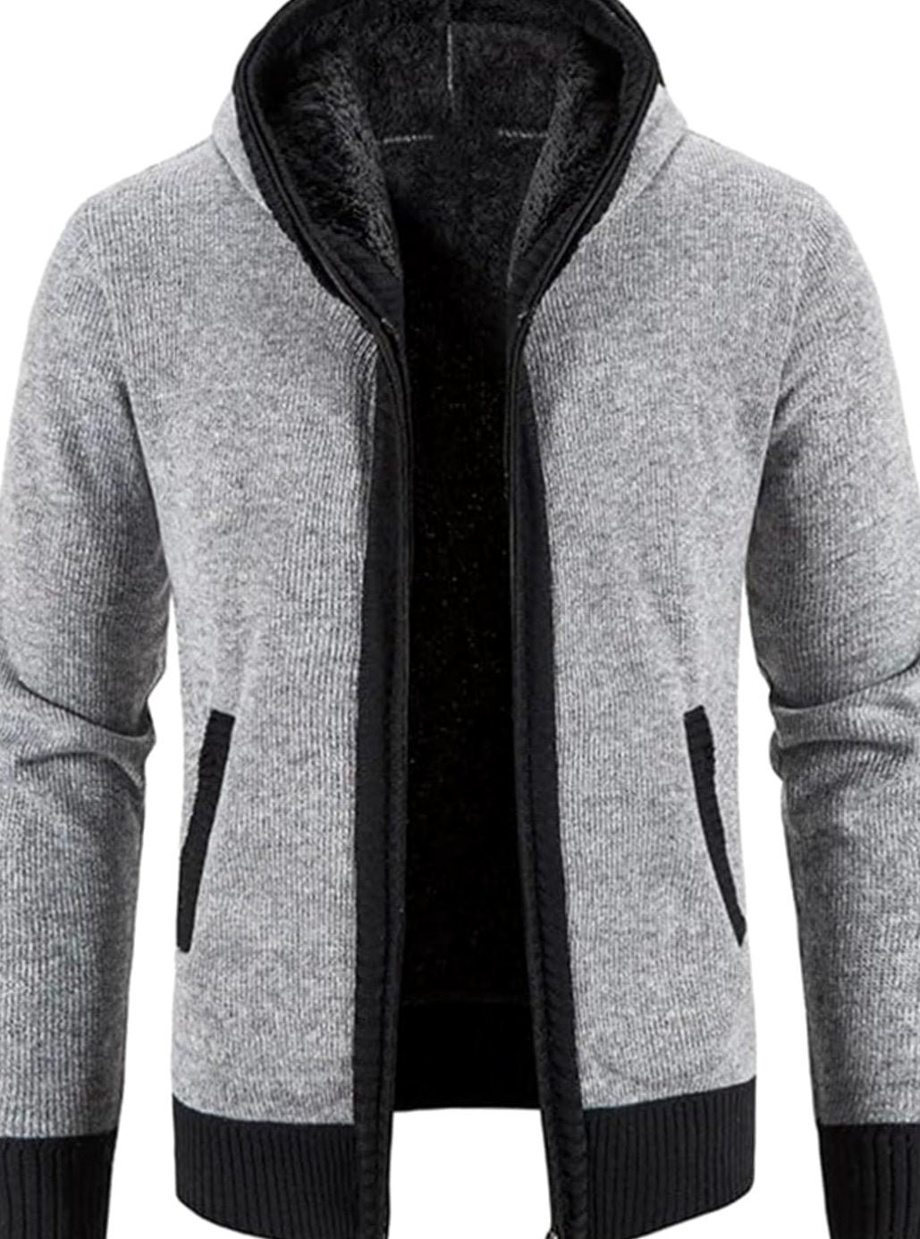 Herren Gefütterter Strickpullover Kapuzenjacke mit Reißverschluss und Streifen - Einfarbig Hellgrau