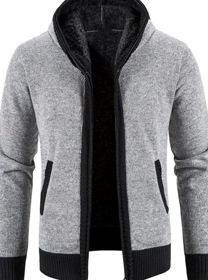 Herren Gefütterter Strickpullover Kapuzenjacke mit Reißverschluss und Streifen - Einfarbig Hellgrau
