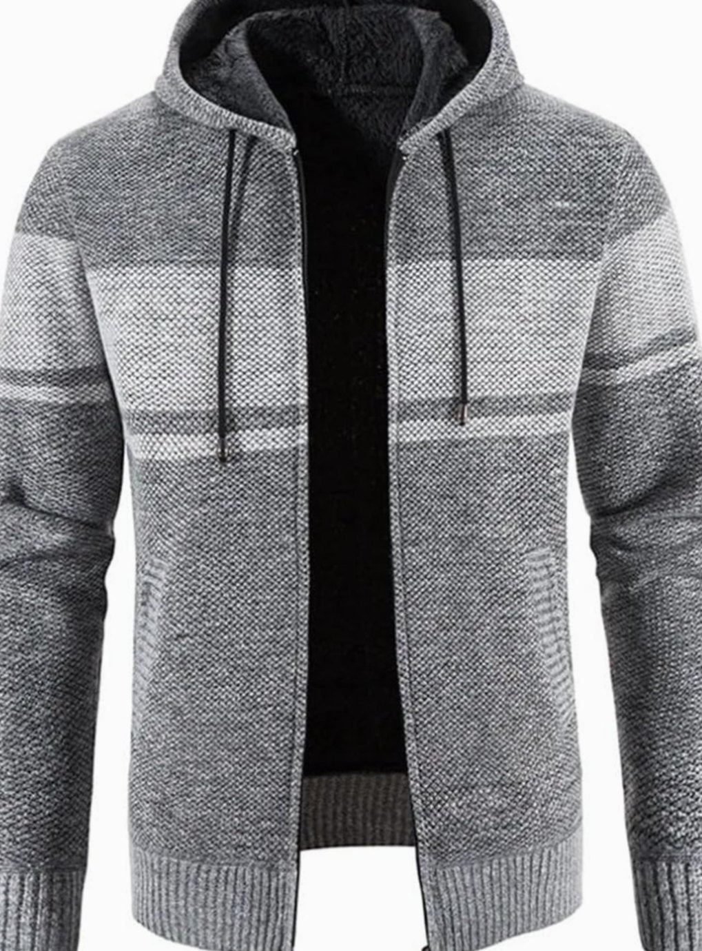 Herren Gefütterter Strickpullover Kapuzenjacke mit Reißverschluss und Streifen - Hellgrau