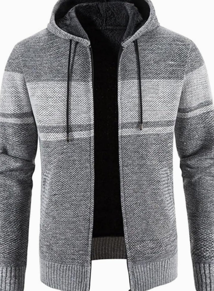 Herren Gefütterter Strickpullover Kapuzenjacke mit Reißverschluss und Streifen - Hellgrau