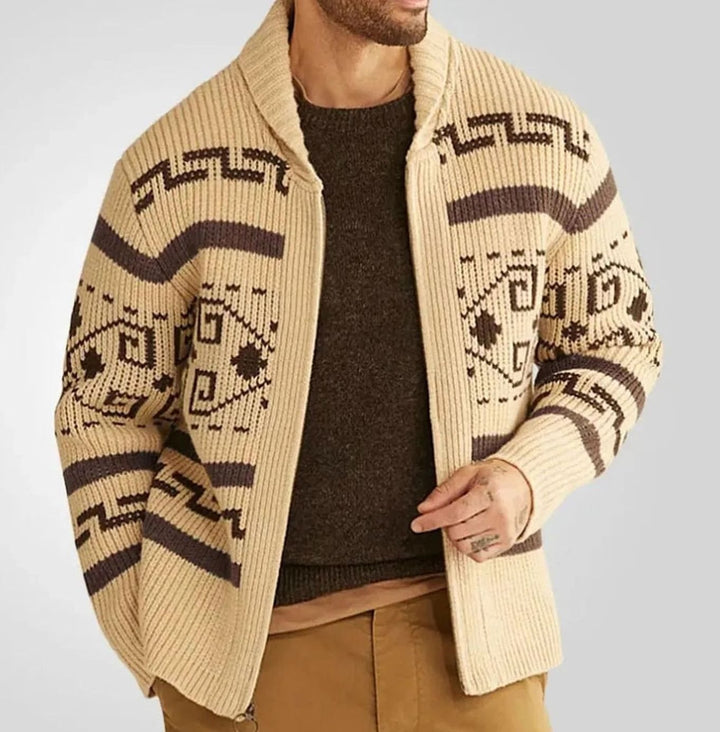 Herren Gemusterte Warme Strickjacke mit Reißverschluss Umlegekragen - Khaki