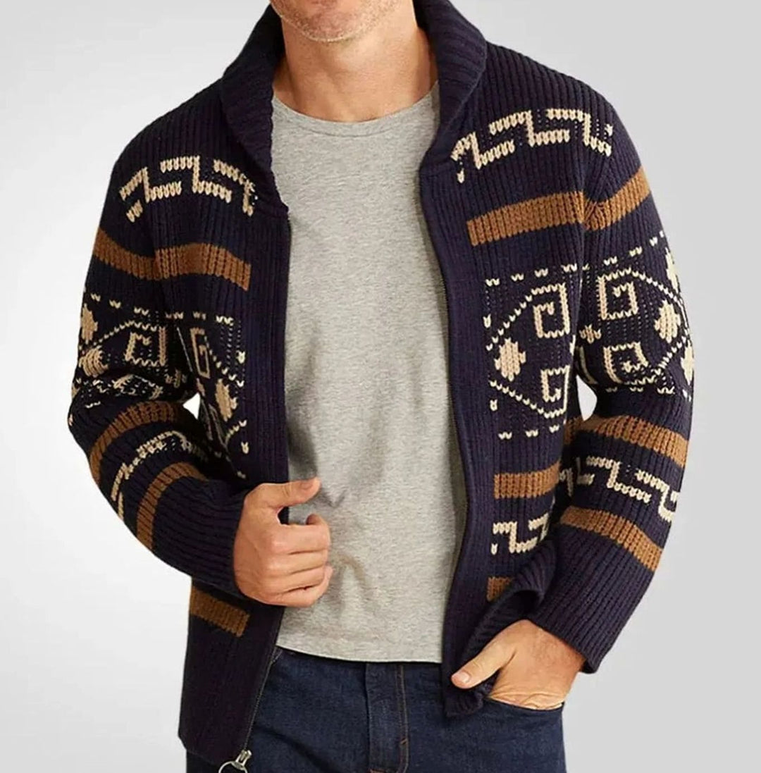 Herren Gemusterte Warme Strickjacke mit Reißverschluss Umlegekragen - Marineblau