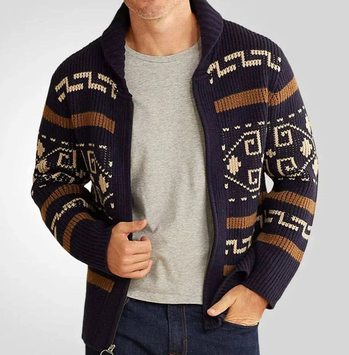 Herren Gemusterte Warme Strickjacke mit Reißverschluss Umlegekragen - Marineblau