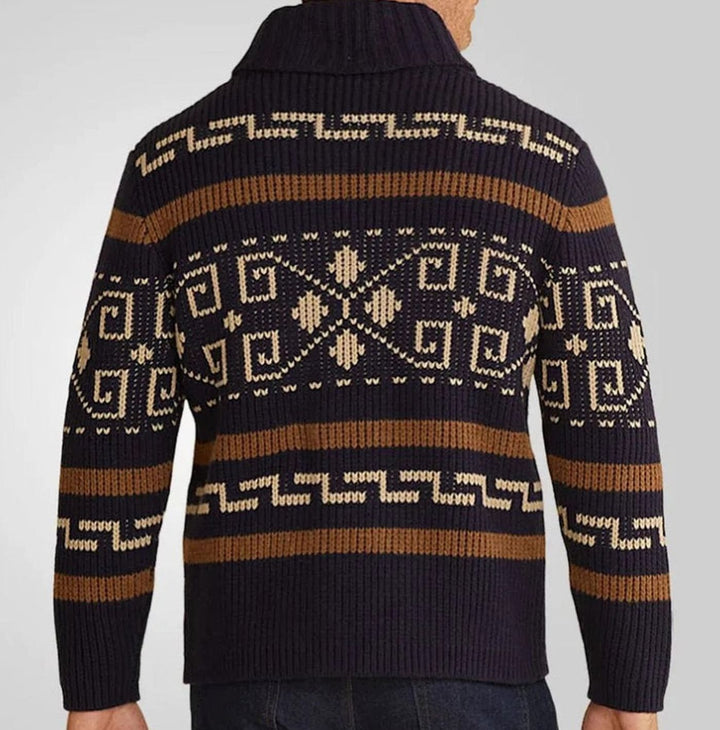 Herren Gemusterte Warme Strickjacke mit Reißverschluss Umlegekragen