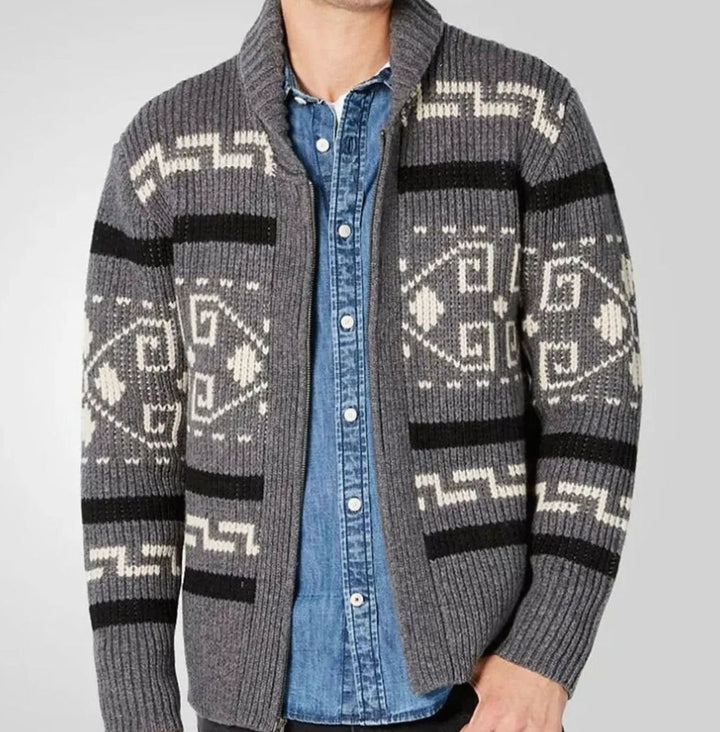 Herren Gemusterte Warme Strickjacke mit Reißverschluss Umlegekragen - Grau
