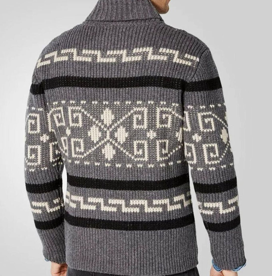 Herren Gemusterte Warme Strickjacke mit Reißverschluss Umlegekragen