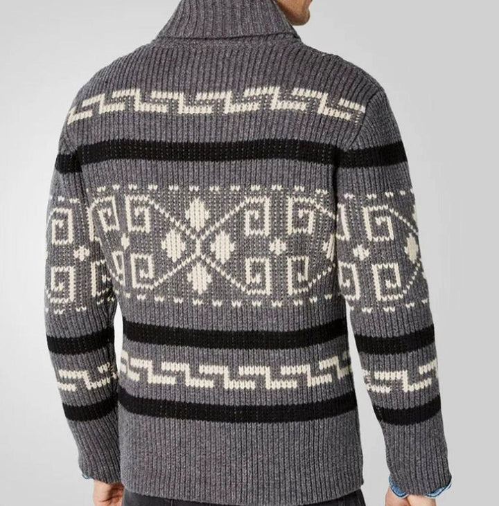 Herren Gemusterte Warme Strickjacke mit Reißverschluss Umlegekragen