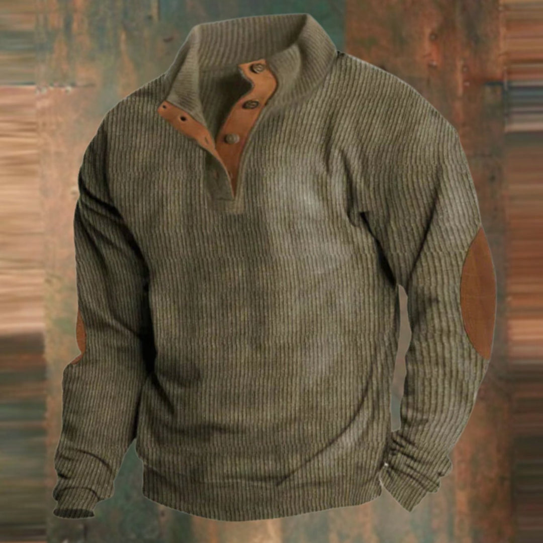Herren Gerippter Strickpullover Knopfleiste am Kragen Ellbogenpatches - Grün