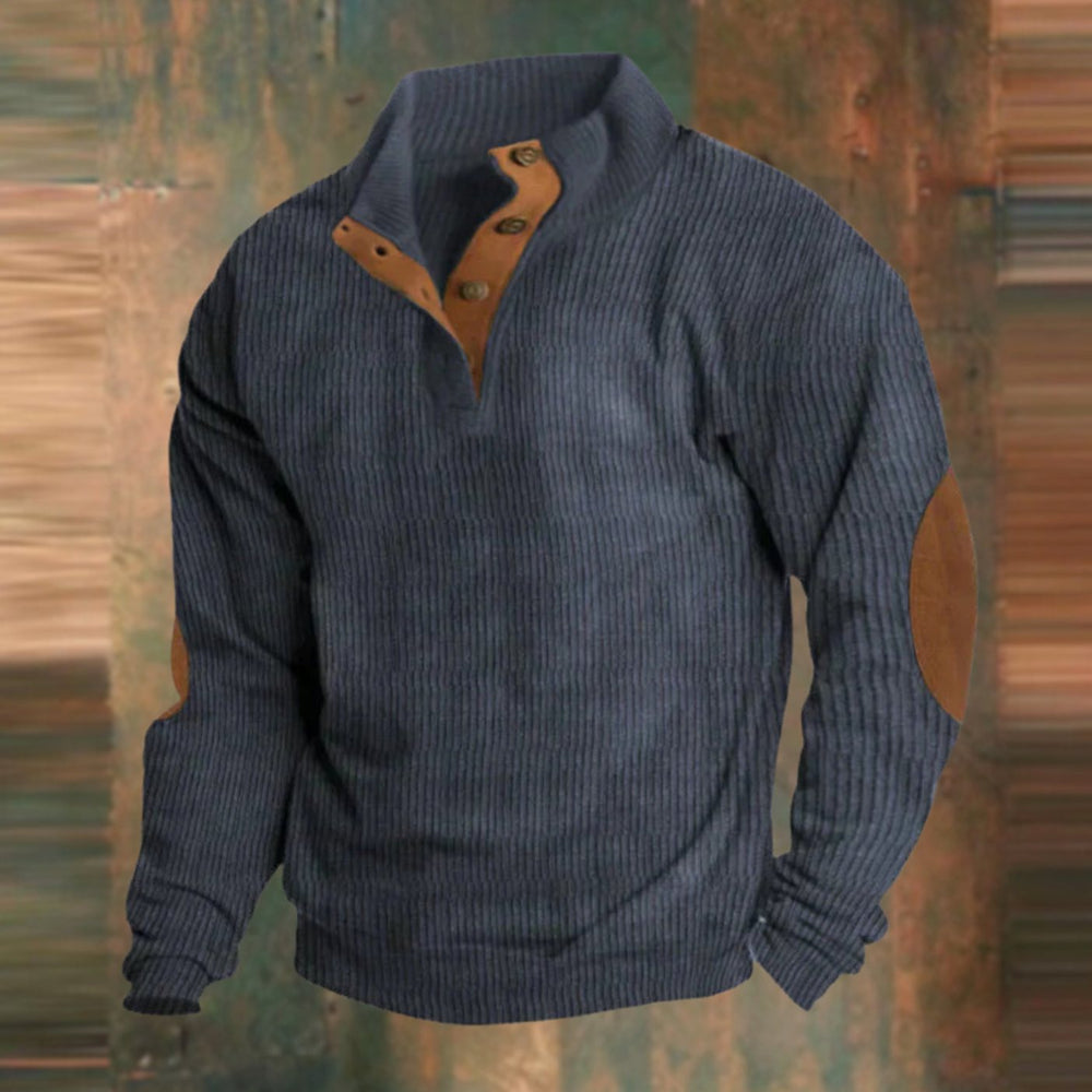 Herren Gerippter Strickpullover Knopfleiste am Kragen Ellbogenpatches - Marineblau