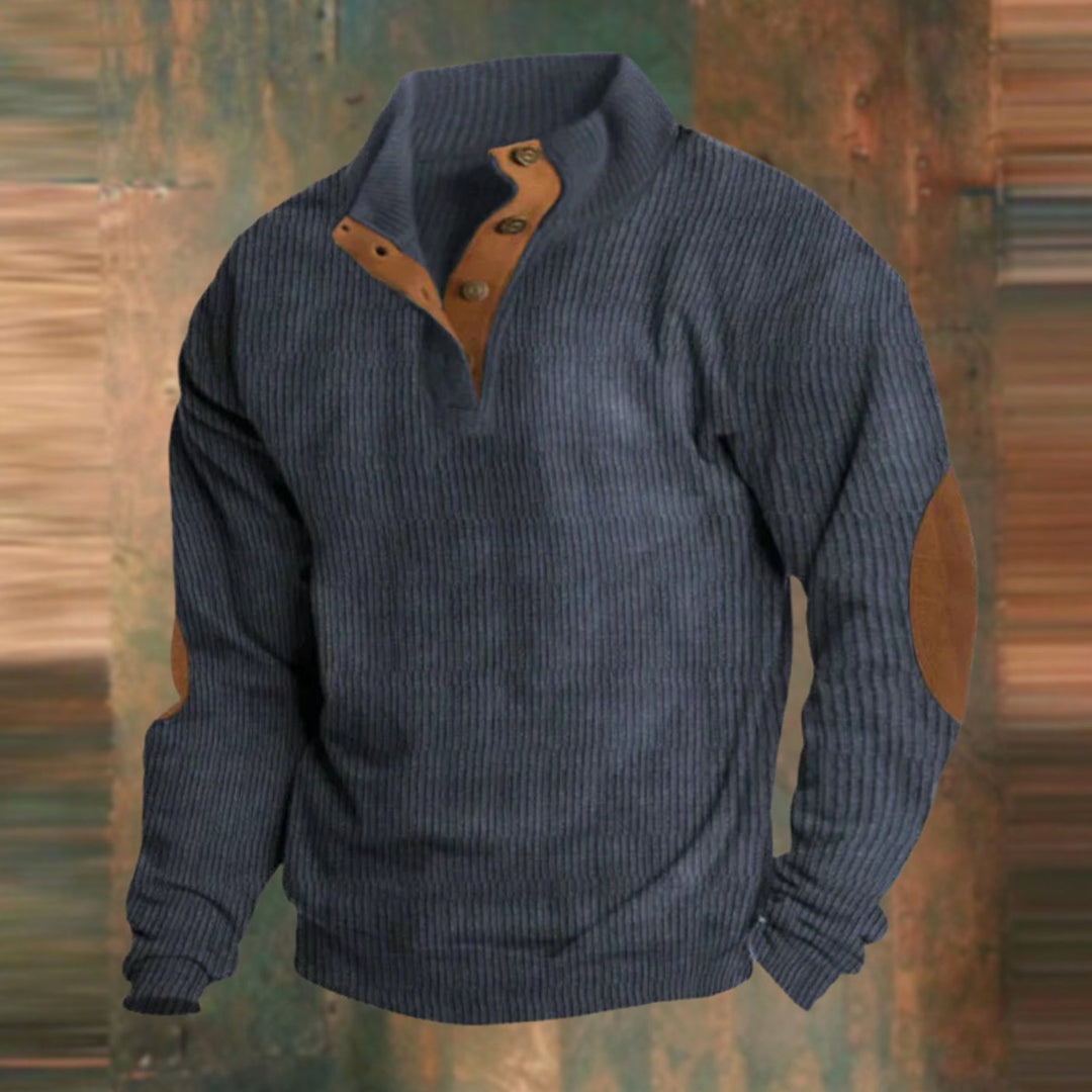 Herren Gerippter Strickpullover Knopfleiste am Kragen Ellbogenpatches - Marineblau