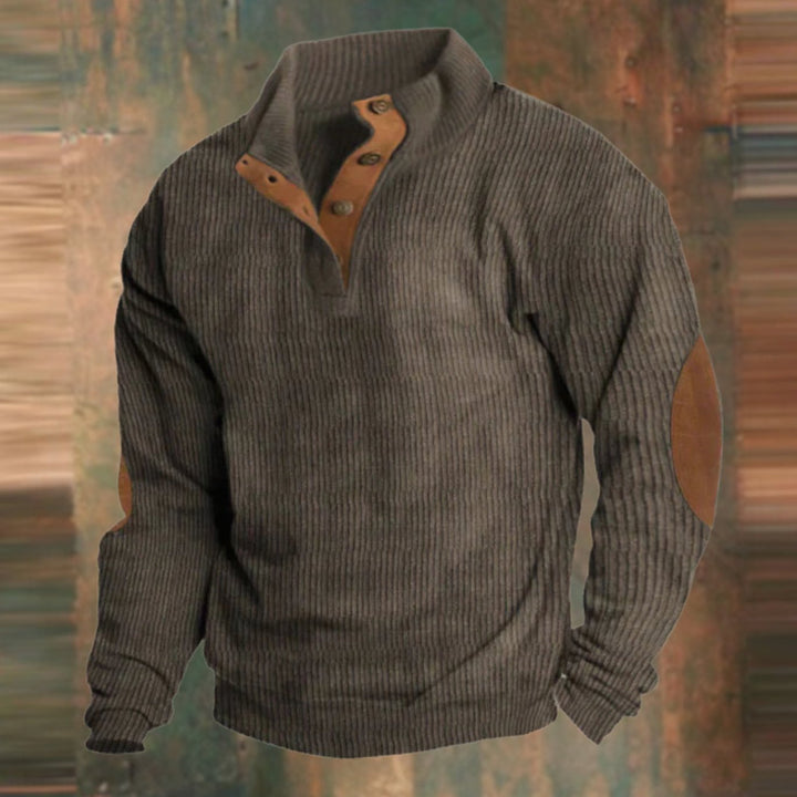 Herren Gerippter Strickpullover Knopfleiste am Kragen Ellbogenpatches - Braun