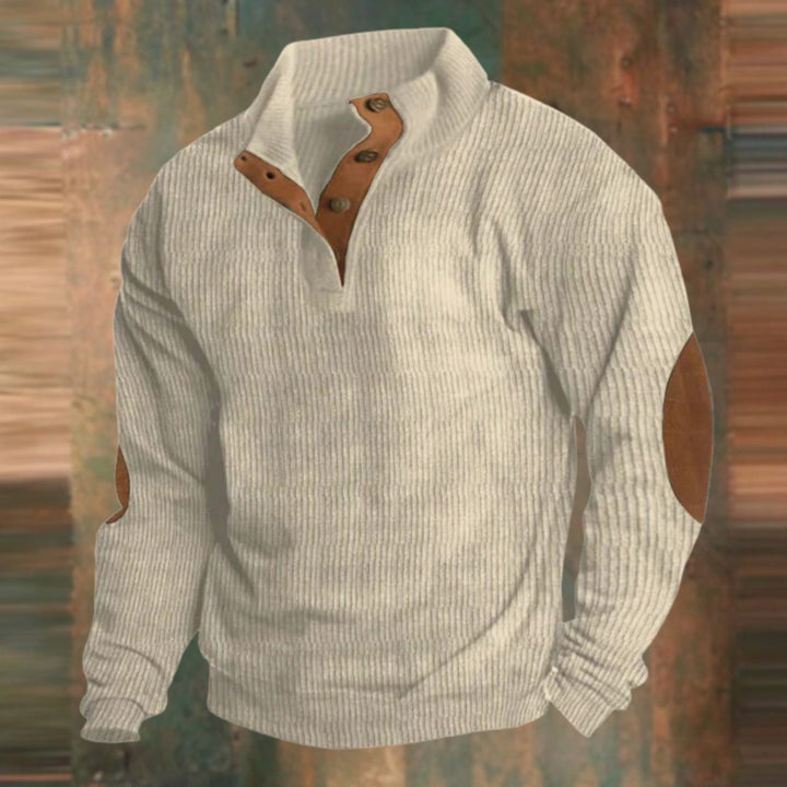 Herren Gerippter Strickpullover Knopfleiste am Kragen Ellbogenpatches - Beige