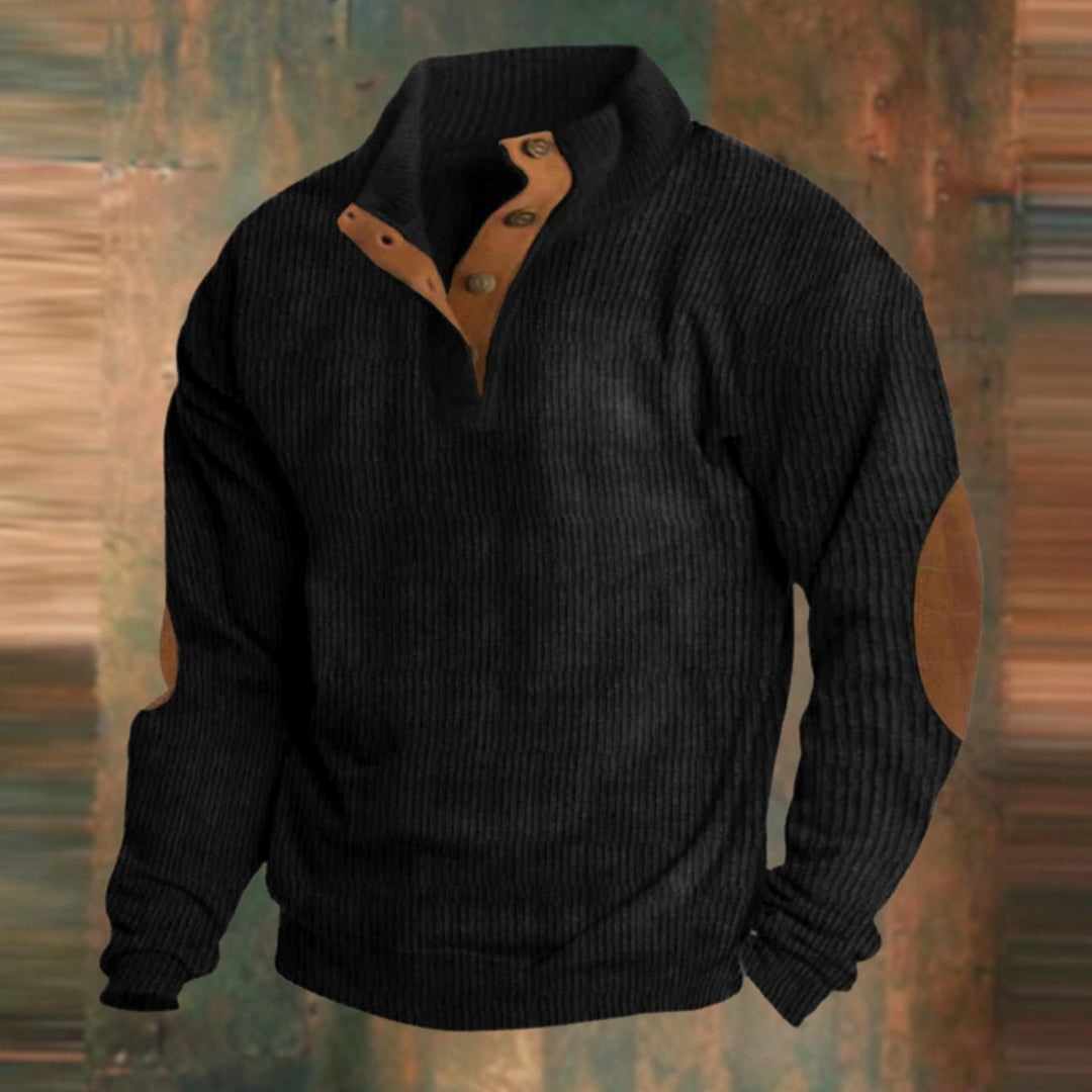 Herren Gerippter Strickpullover Knopfleiste am Kragen Ellbogenpatches - Schwarz