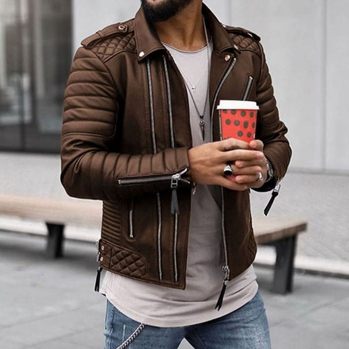Herren Gesteppte Biker-Lederjacke mit Reißverschluss - Braun