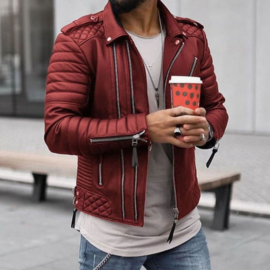 Herren Gesteppte Biker-Lederjacke mit Reißverschluss - Rot