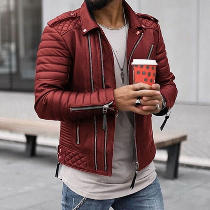 Herren Gesteppte Biker-Lederjacke mit Reißverschluss - Rot