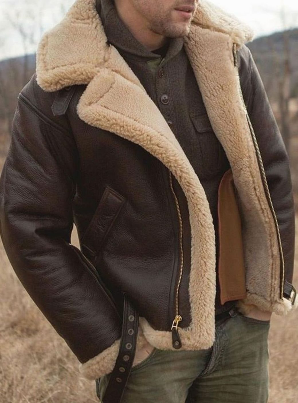 Herren Klassische Sherpa-gefütterte Fliegerjacke mit Reißverschluss