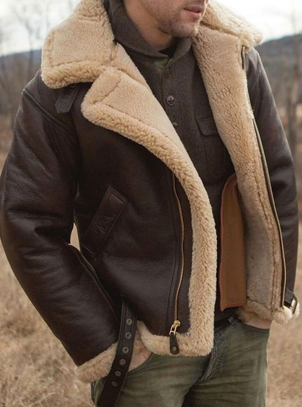 Herren Klassische Sherpa-gefütterte Fliegerjacke mit Reißverschluss