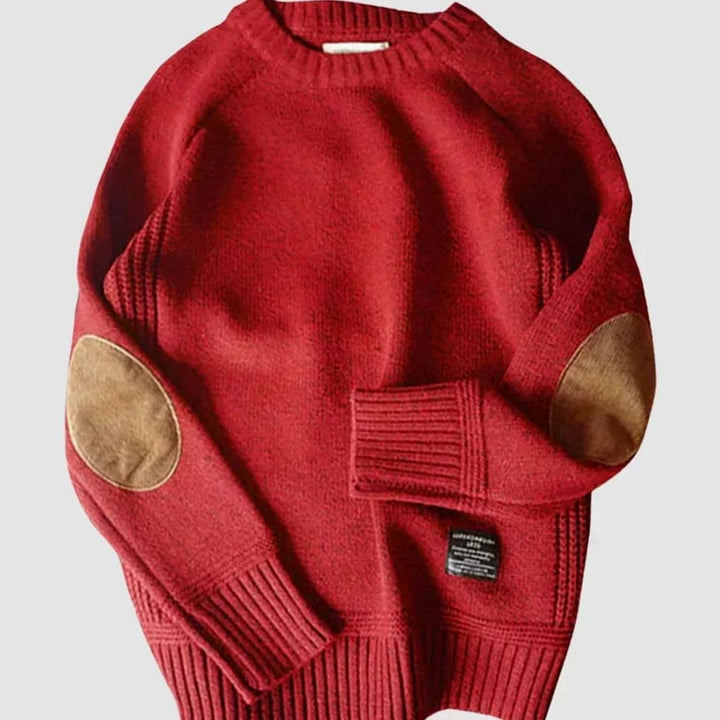 Herren Klassischer Strickpullover mit Ellbogenpatches für den Winter - Rot
