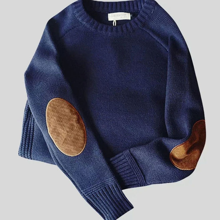 Herren Klassischer Strickpullover mit Ellbogenpatches für den Winter - Blau