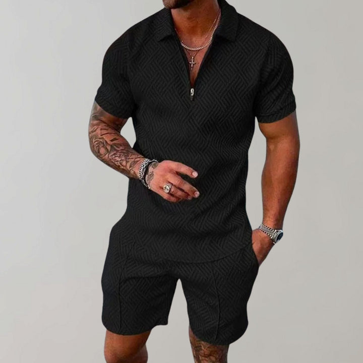 Herren Kurzarm-Reißverschluss-Poloshirt Shorts Set 2-teilig - Schwarz